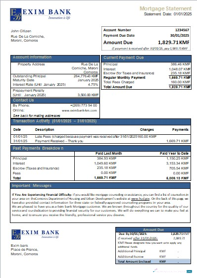 Download Comoros Exim bank mortgage statement scr Photoshop template